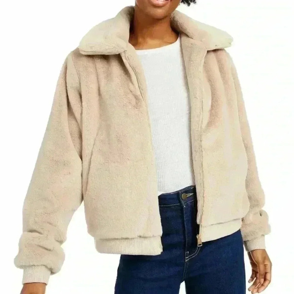 NWT Say What? Beige Faux-Fur Plush Bomber Zip Jacket Size XS - Picture 1 of 13